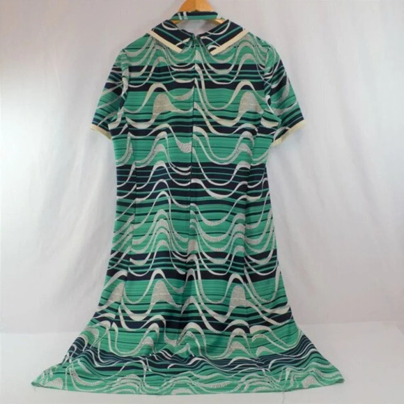 Vintage 1960s/70s Charles Carroll Dress Green Blue  Wave Pattern - Picture 7 of 9